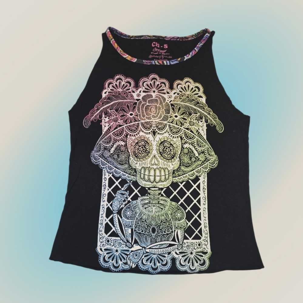 Black Sleeveless Top with Multicolor Sugar Skull Design
